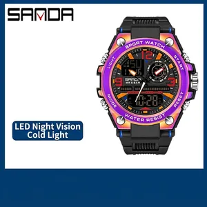 SANDA 6024 Iridescent Sports Watch For Men Women Waterproof Dual Display LED Backlight TPU Strap Fashion Outdoor Digital Watch