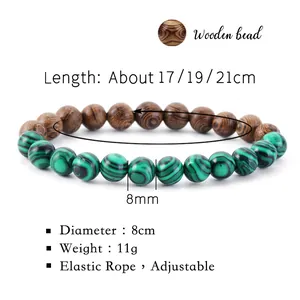 Handmade adjustable beaded bracelet featuring 8mm malachite and natural wooden beads.