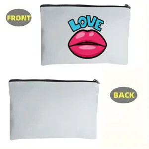 Detailed view of the front and back of a white canvas makeup bag with sexy lips print