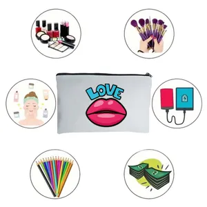 White linen canvas makeup bag with lips detail showing various storage usage scenarios