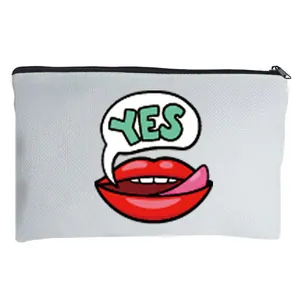 Durable canvas linen makeup bag featuring a sexy lips print and YES speech bubble
