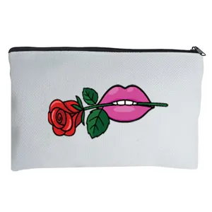 Durable linen canvas makeup bag featuring a sexy pink lips and red rose design.