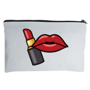 Stylish white cotton linen cosmetic bag with sexy red lips and lipstick pattern print