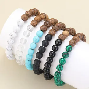 Handmade Wood Bead Natural Stone Bracelet For Women Men Multicolor Beaded Elastic Yoga Meditation Bohemian Jewelry Gift