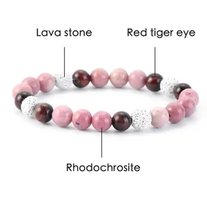 Detail view of a beaded bracelet featuring lava stone, red tiger eye, and rhodochrosite.