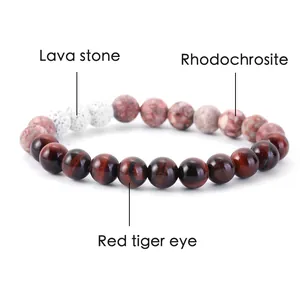 Detail of natural stone bracelet featuring lava stone, rhodochrosite and red tiger eye beads