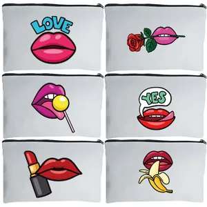 Women Cotton Linen Makeup Bag Western Retro Sexy Lip Print Zipper Storage Pouch Portable Travel Toiletry Bag Multi-purpose Organizer