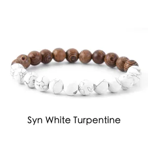 Detail of two-tone beaded bracelet with synthetic white turquoise and wood.