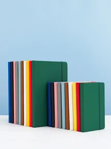 Collection of colorful leather-bound notebooks with elastic closures in various sizes.