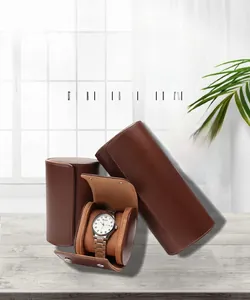 Portable brown leather watch roll storage box with one and three slots