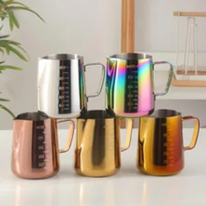 Professional stainless steel milk frothing pitchers shown in five vibrant metallic colors