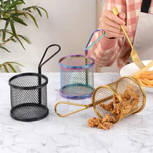 Mini stainless steel mesh fry baskets in black, gold, and rainbow colors for snacks