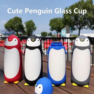 Set of 4 cute penguin-shaped glass water bottles in multiple colors for students