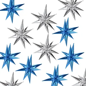 Large 26-inch shiny blue and silver exploding star foil balloons for festive party decoration