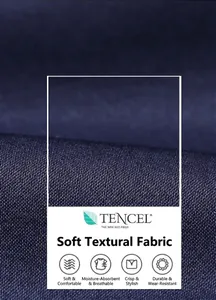 Macro dettaglio del tessuto Lyocell blu scuro traspirante con consistenza morbida