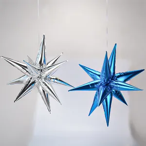 Detailed view of 26-inch silver and blue explosion star foil balloons for party decoration
