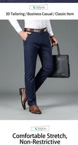 Pantaloni casual da uomo in Lyocell blu navy a gamba dritta e vita alta per il business