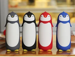 Set of four cute cartoon penguin double-walled glass water bottles in multiple colors