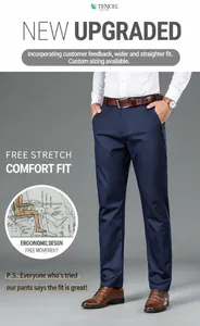 Dettaglio dei pantaloni casual in lyocell blu scuro da uomo, vestibilità dritta