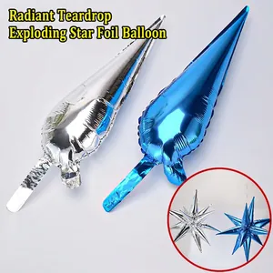 Detailed view of silver and blue cone foil balloons for exploding star decoration