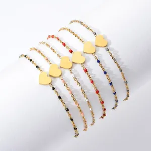 Fashion Stainless Steel Heart Pendant Bracelet Colorful Enamel Beads Gold Plated Adjustable Chain Jewelry For Women Men