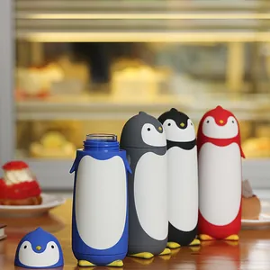 Cute cartoon penguin shaped double-walled glass water bottles in multiple colors
