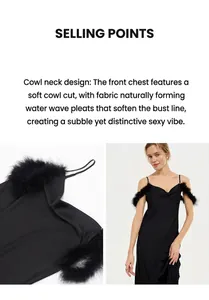 Gros plan sur la nuisette en satin noir avec col bénitier et bordure en plumes douce