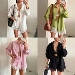 Stylish women's long sleeve shirt and matching lace hem shorts set in four colors