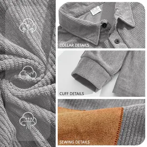 Detailed view of grey corduroy polo shirt collar, cuffs, and interior lining texture