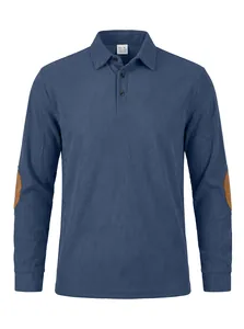 Close-up detail of a men's blue corduroy long sleeve polo shirt with elbow patches