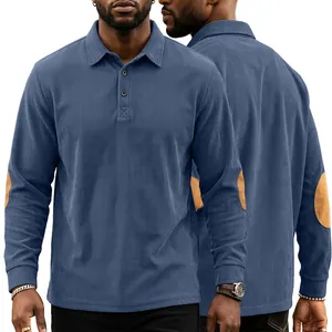 Detail of blue corduroy polo shirt for men with buttons and brown suede elbow patches.