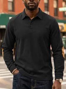 Men's black corduroy long-sleeved polo shirt featuring elbow patches and button collar