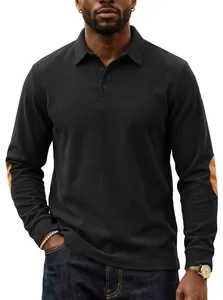 Detail shot of men's black corduroy long-sleeve polo shirt with elbow patches and buttons