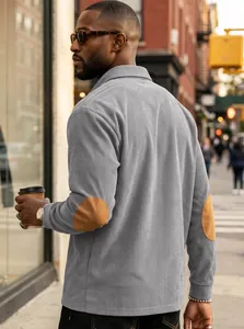 Detailed back view of a grey corduroy polo shirt featuring brown elbow patches