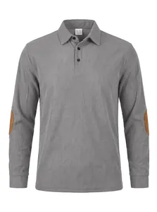 Gray corduroy polo sweatshirt featuring brown elbow patches and button placket