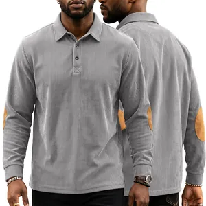 High-quality detailed view of gray corduroy polo shirt with stylish brown elbow patches.