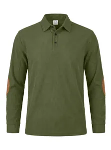 Front view of a men's green corduroy long-sleeve polo shirt with brown elbow patches.