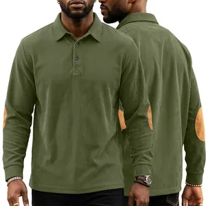 Detailed view of men's olive corduroy polo featuring front and back view with elbow patches.