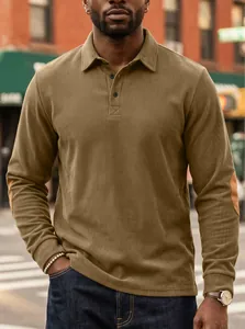 Elegant men's khaki corduroy long-sleeve Polo shirt featuring stylish elbow patch details