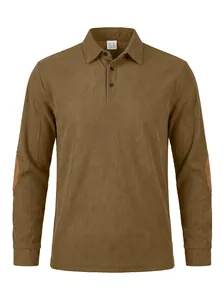 Men's brown corduroy long sleeve Polo shirt with elbow patches and ribbed texture.