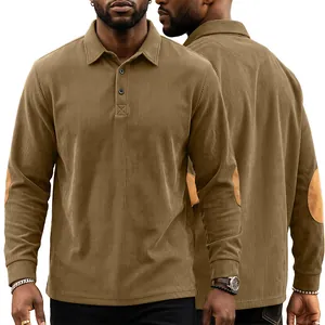 Detail view of khaki corduroy long sleeve polo shirt for men with elbow patch detail