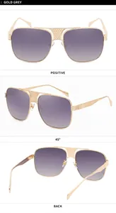 Detailed views of gold square metal sunglasses with gradient grey lenses for men.