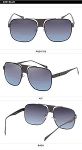 Multi-view detail of square metal sunglasses with grey blue gradient lenses for men