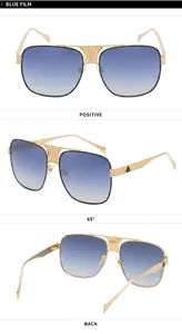 Detailed multi-angle views of square metal sunglasses with blue gradient lenses.