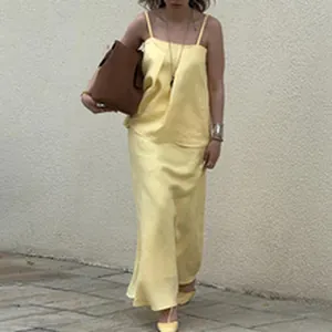 Yellow camisole top and long maxi skirt two-piece set for women's casual summer style outfits
