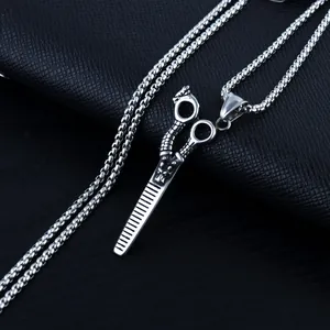 Collier pendentif ciseaux et peigne en acier inoxydable argenté unique avec chaîne longue