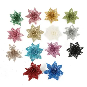 Assorted multicolor glitter hollow Christmas poinsettia flowers for tree decoration
