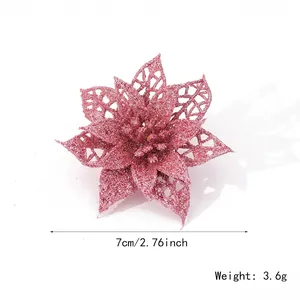 Pink glitter hollow poinsettia artificial Christmas flower decoration with 7cm diameter