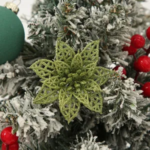 Glittery green hollow Poinsettia flower decoration for Christmas tree and wreath ornament