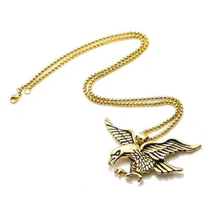 Macro shot of a golden stainless steel eagle pendant with durable box chain for men